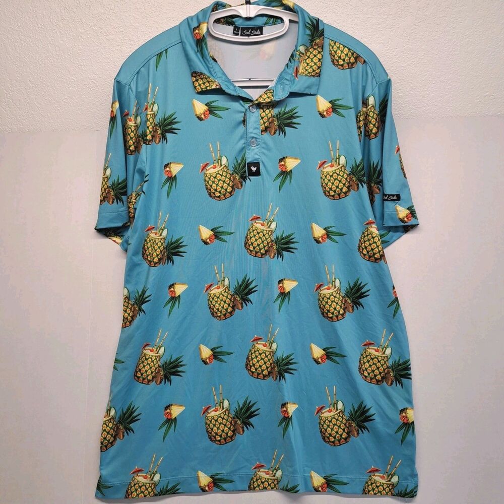 Bad Birdie Men's Size L Golf  Polo Pina Colada Pineapple Print Short Sleeve